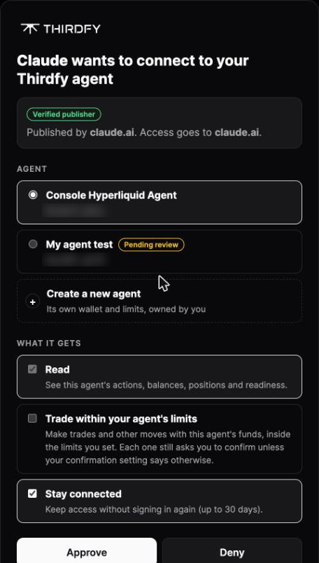 The Thirdfy consent page: Claude wants to connect to your Thirdfy agent, with the agent list, Read, Trade and Stay connected, and Approve
