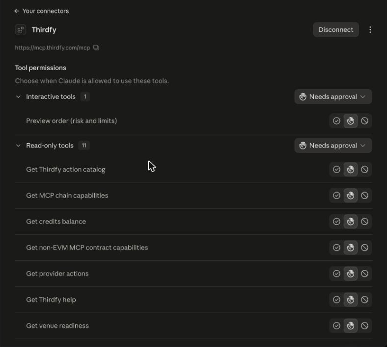 The Thirdfy connector in claude.ai, connected, with tool permissions set to Needs approval