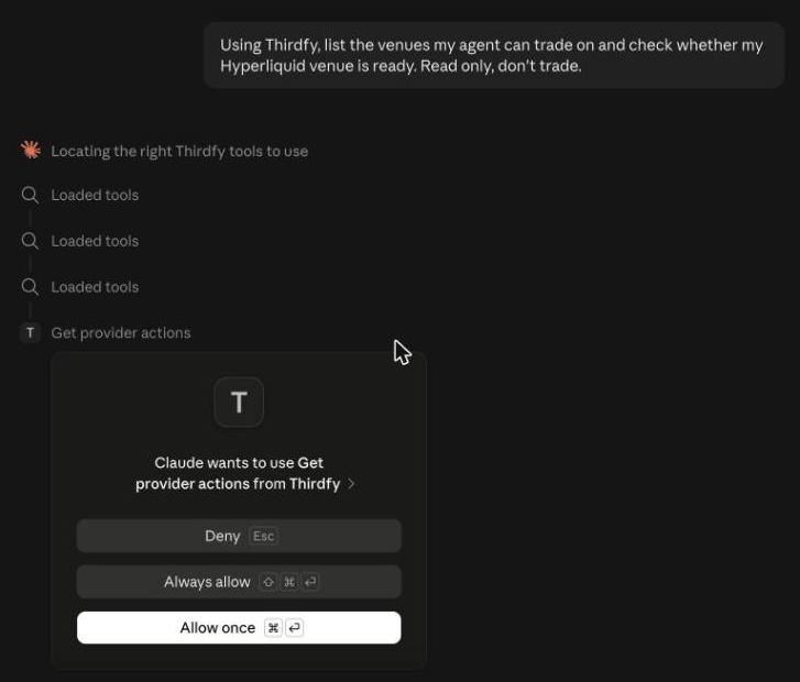Claude asking for approval: Claude wants to use Get provider actions from Thirdfy, with Deny, Always allow and Allow once