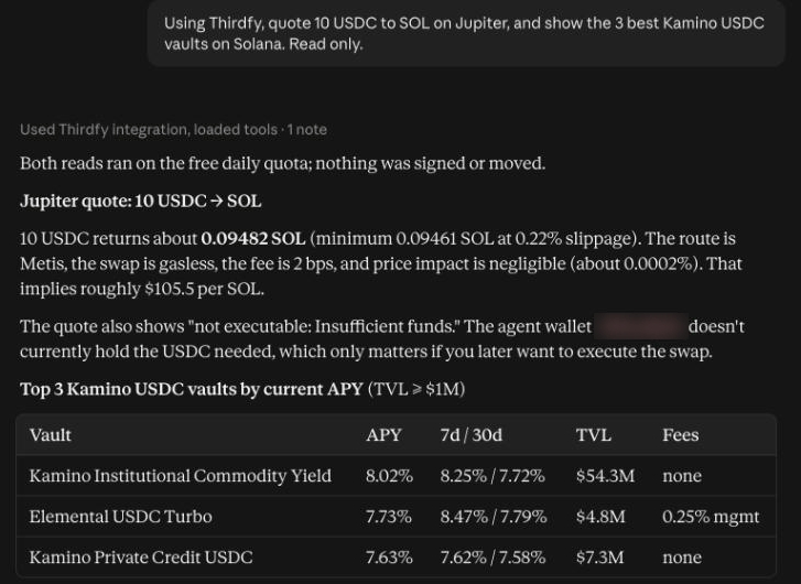 Claude showing a Jupiter quote of 10 USDC to about 0.0948 SOL, and the top 3 Kamino USDC vaults with APY, TVL and fees