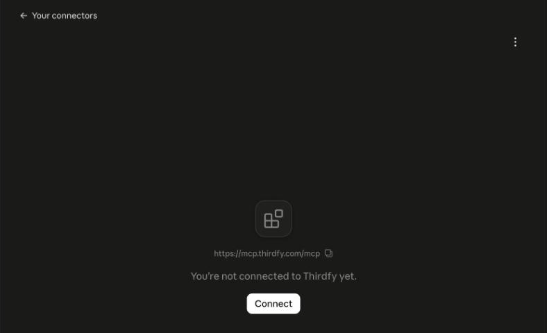 The Thirdfy connector page in claude.ai saying you're not connected to Thirdfy yet, with a Connect button