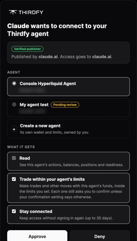 The Thirdfy consent page with Read, Trade within your agent's limits and Stay connected ticked, and Approve